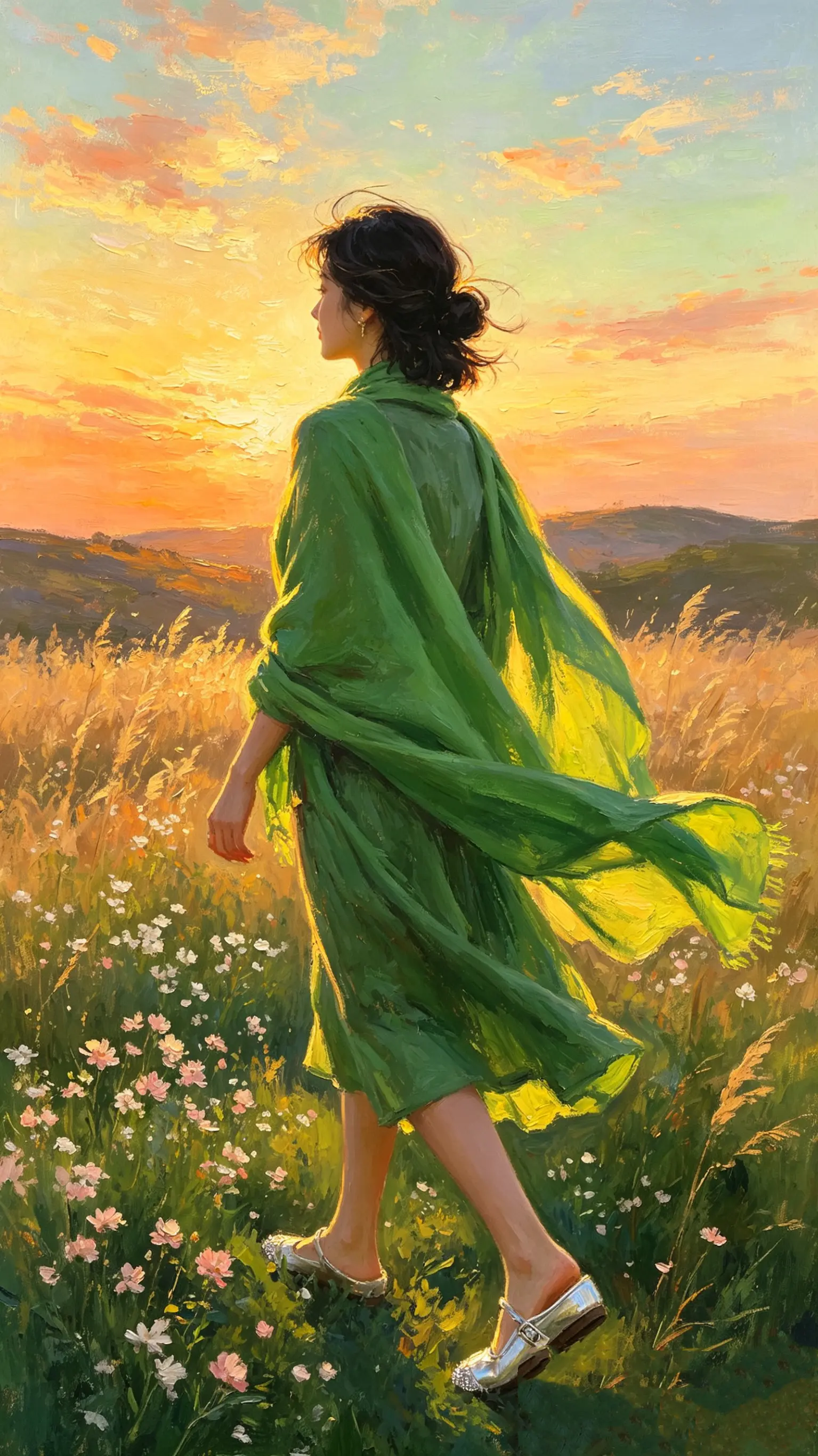 风裹着夕阳 吹绿了她的衣裳 每一步 都踩碎一片金黄