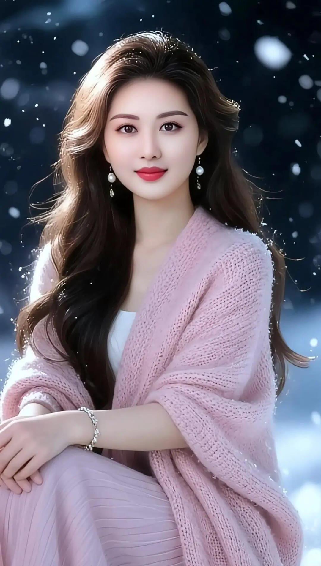 冬日暖阳下的温柔少女，粉色的毛衣和耳环，美得令人心醉。