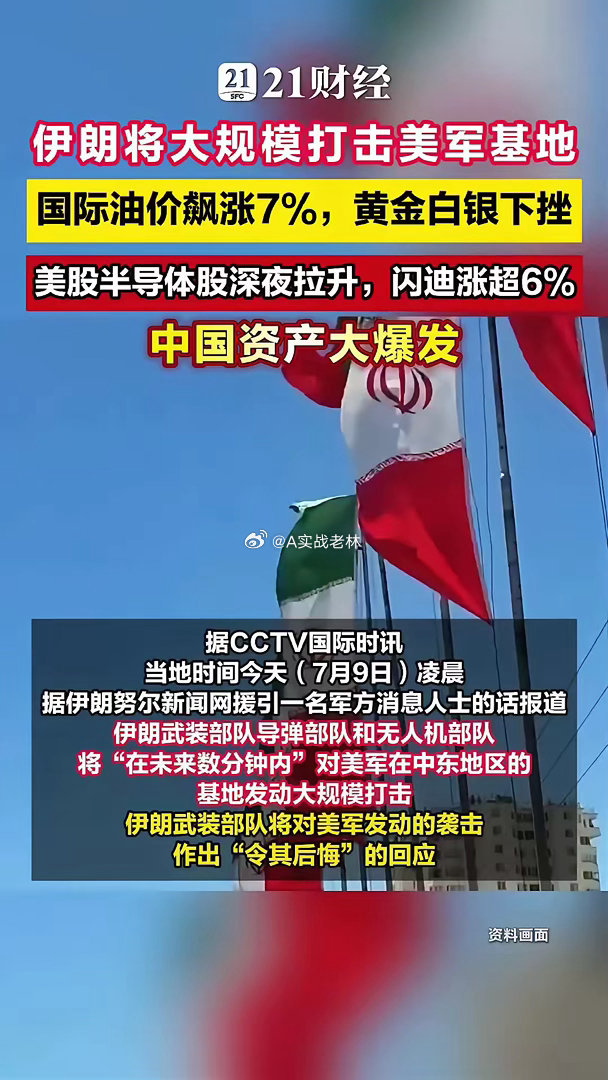 伊朗将大规模打击美军基地国际油价飙涨7%，黄金白银下挫据CCTV国际时讯，当地时
