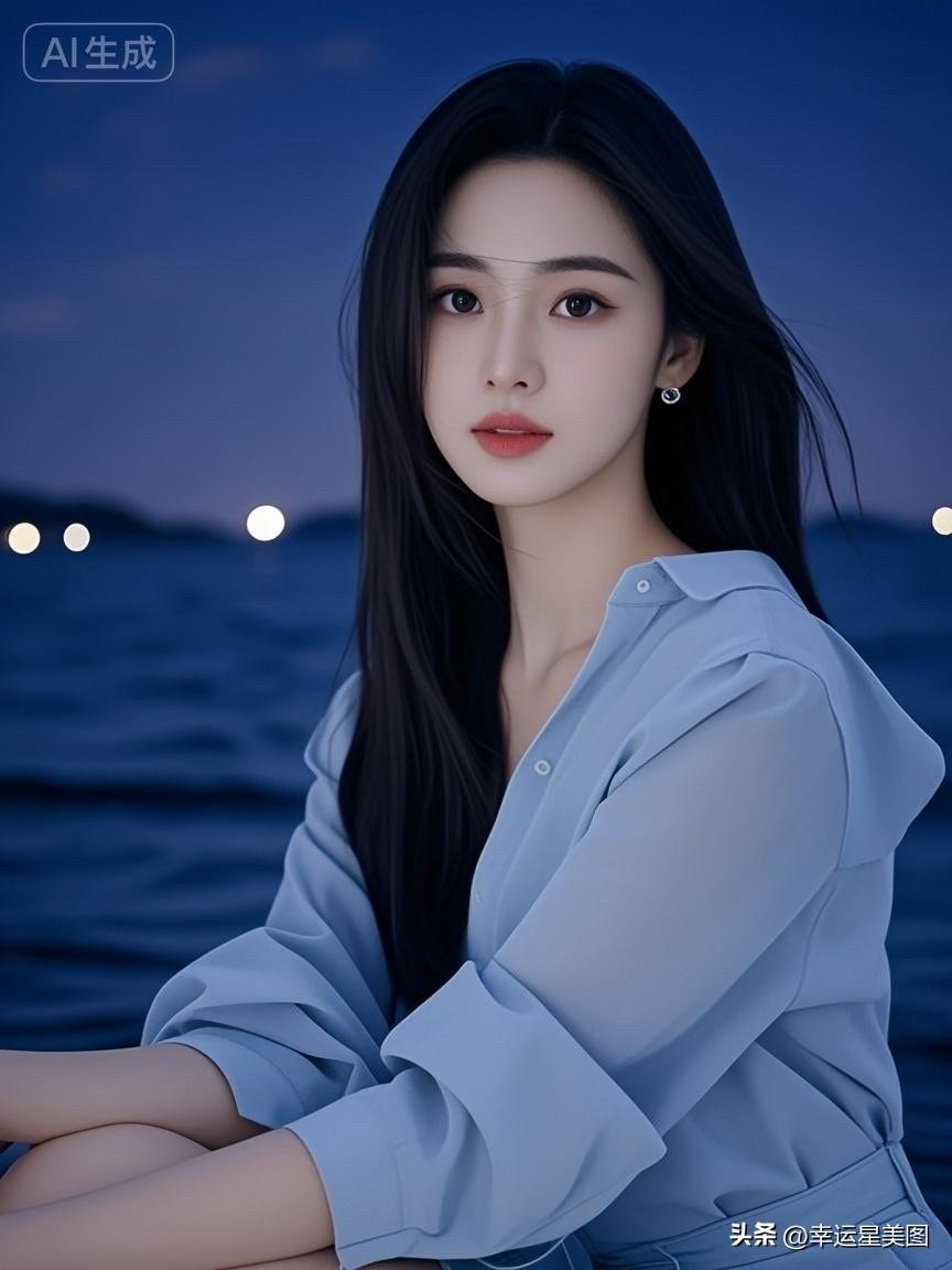 夜晚海边，少女凝视，梦幻蓝调，唯美如画