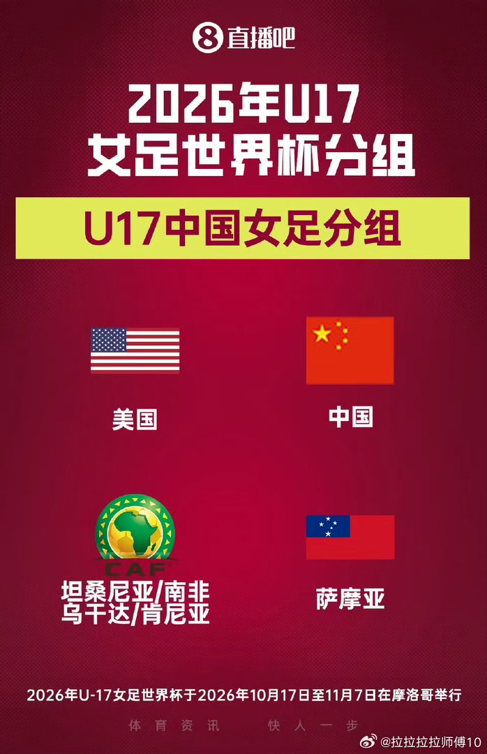 U17女足世界杯抽签：中国U17与美国、萨摩亚一组，10月17日开赛U17女足世