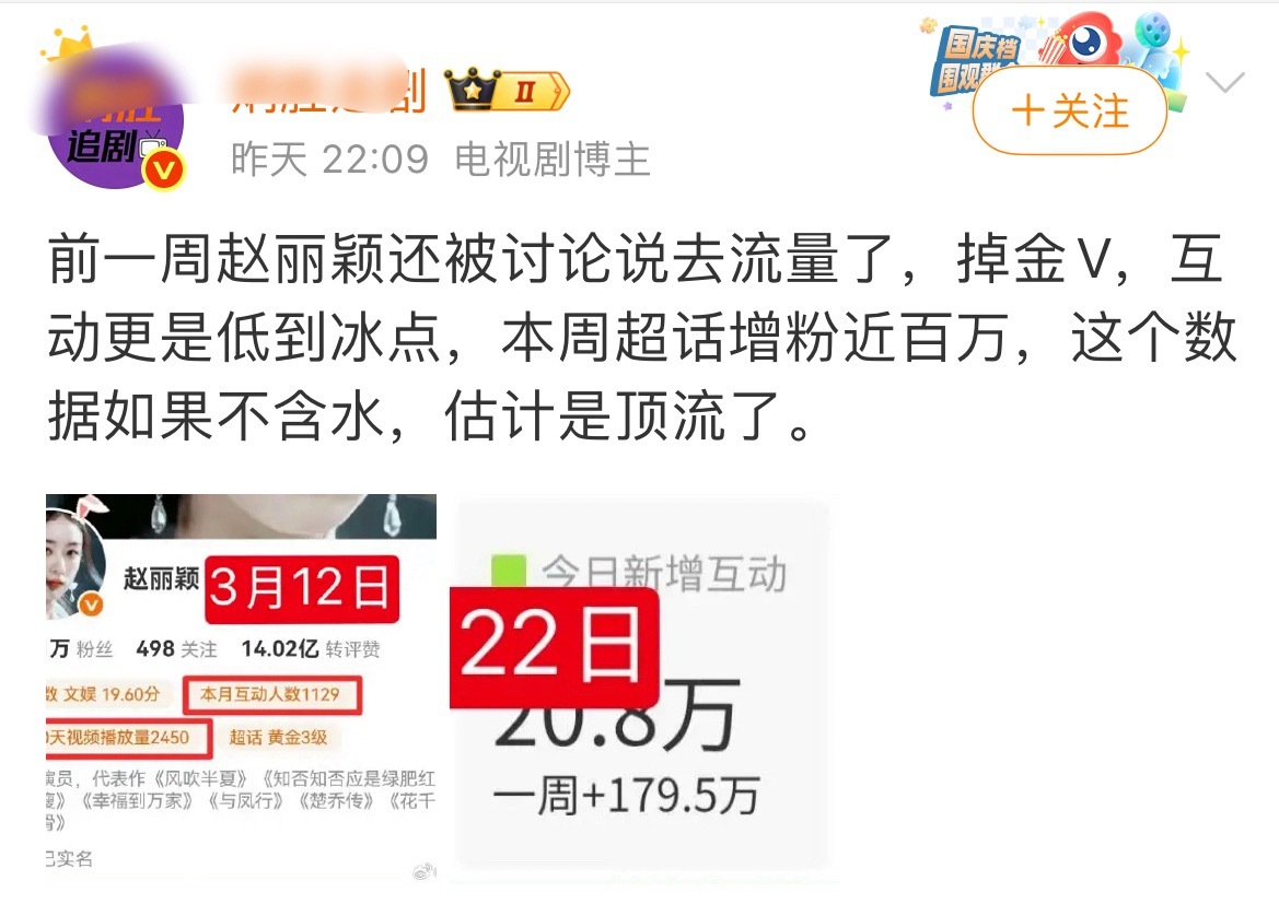 大饼你的认知真的很…呃…离开微博看看这个世界吧什么叫估计是顶流赵丽颖一直就是顶流