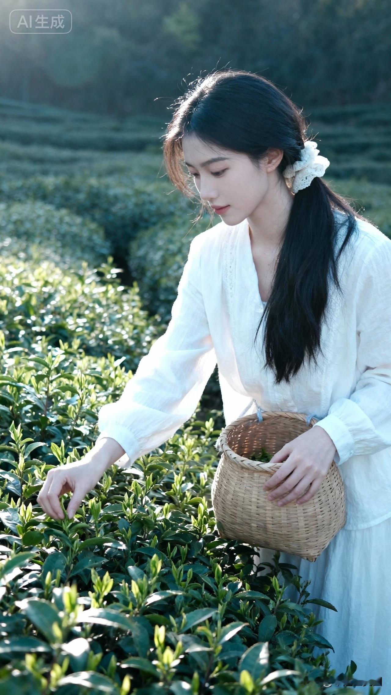 在茶园里采摘的少女，感受自然的美好。