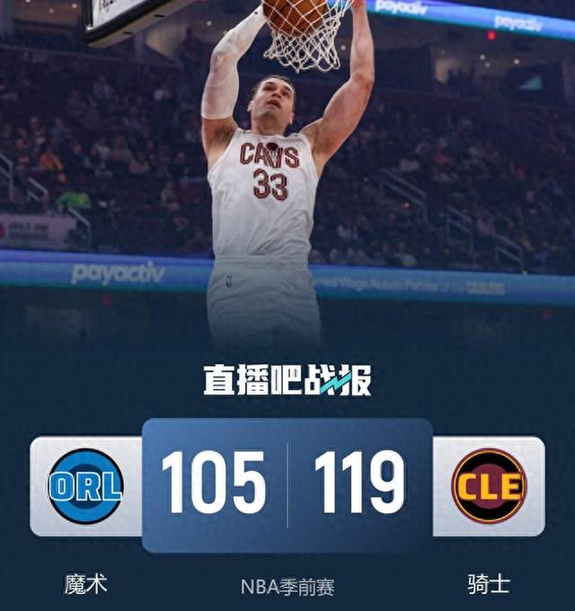 季前赛哈登24分发威，骑士119-105胜魔术，全替补14-0一度追平