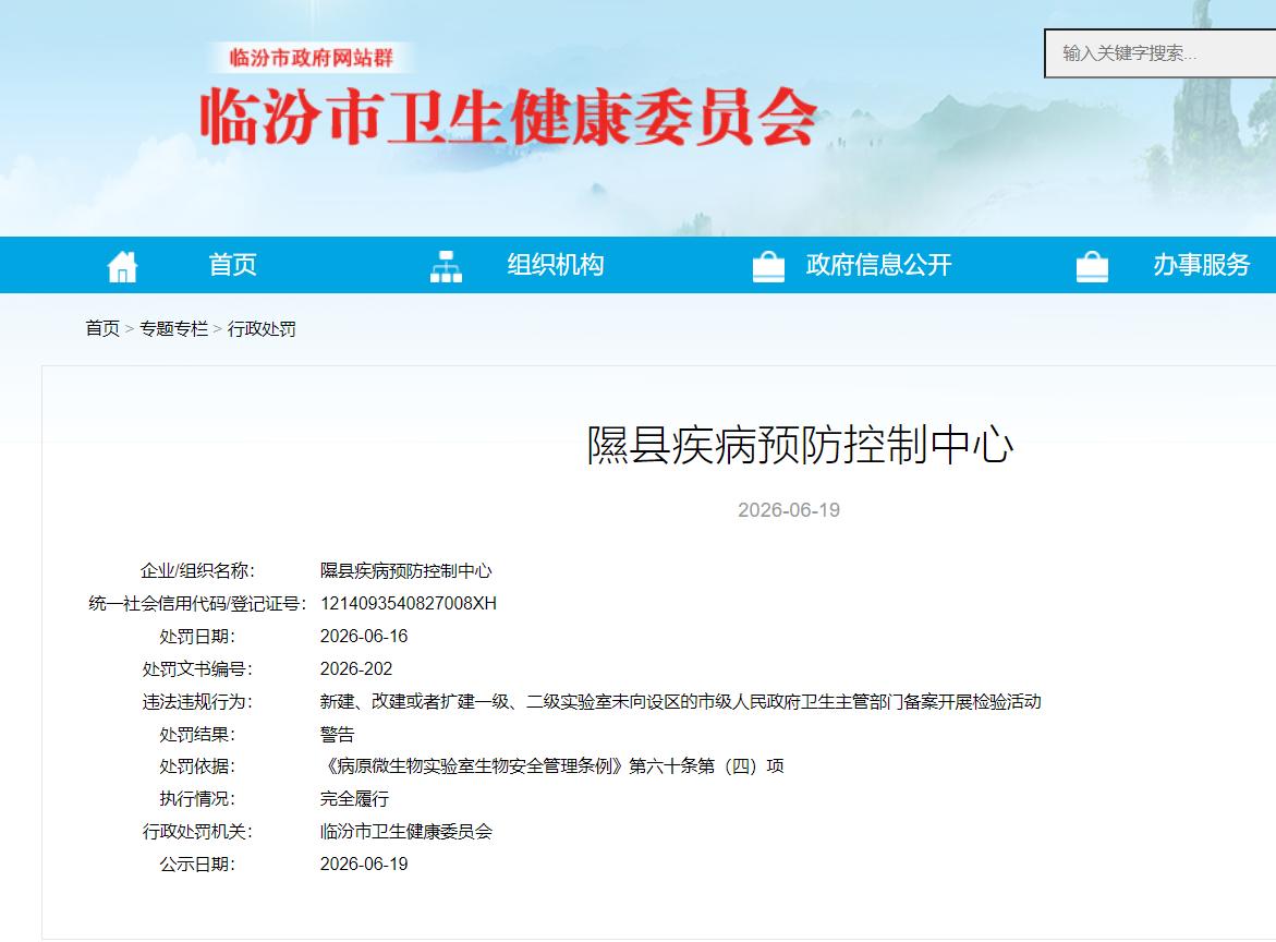 隰县疾病预防控制中心被处罚！违法违规行为：新建、改建或者扩建一级、二级实验室未向