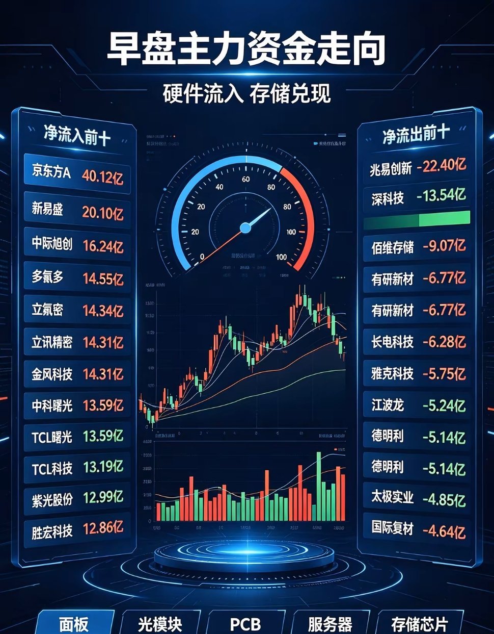 6月30日早盘主力资金净流入前十1. 京东方A：40.12亿元（光学面板）2. 