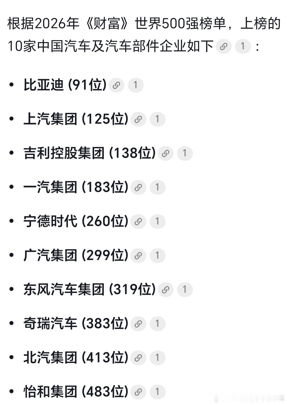 10家中国汽车企业进入500强2026财富世界500强出炉，一共10家中国整车及