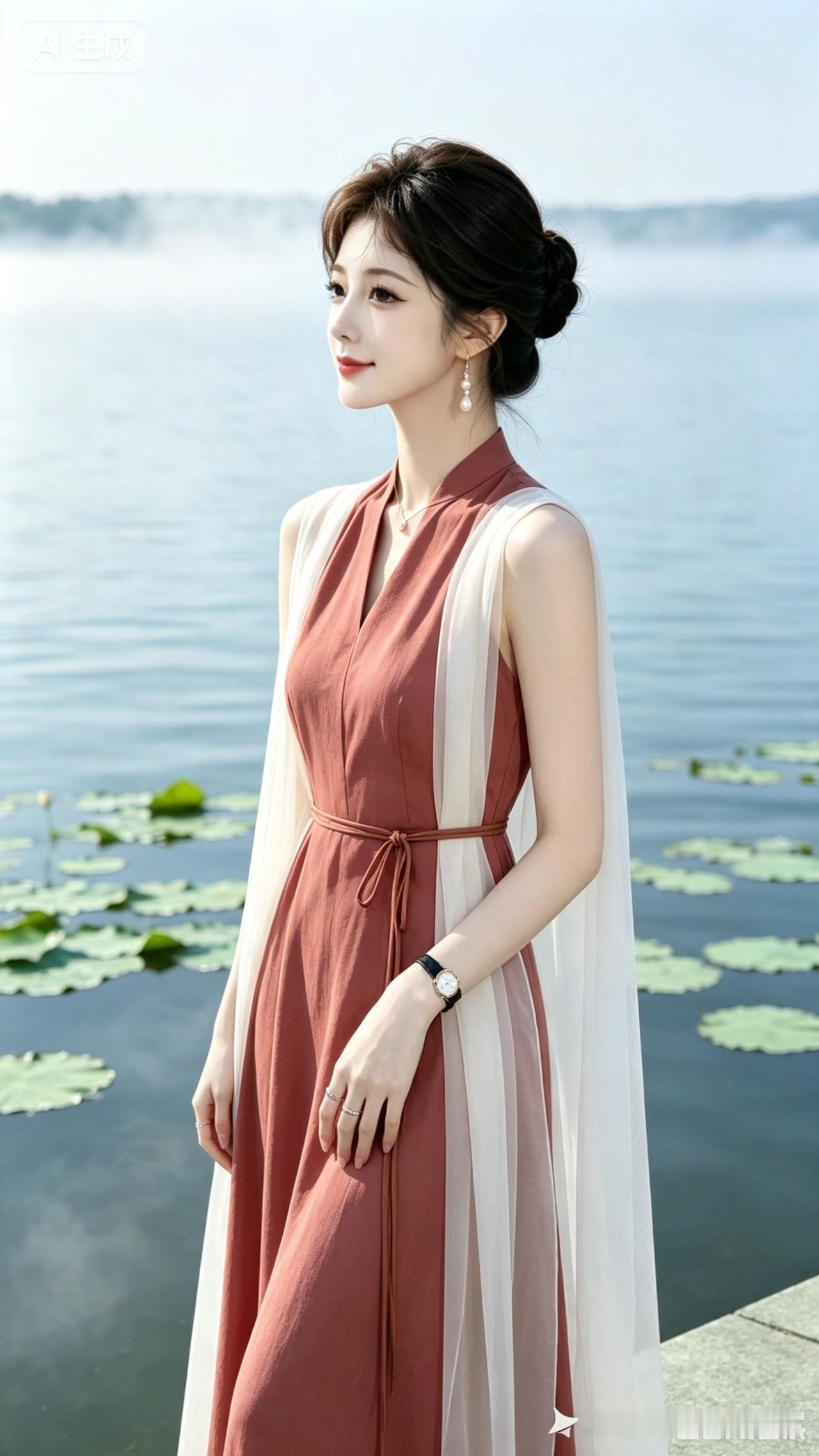 湖畔遐思
 
一湖碧水映天光，
荷叶片片满池塘。
素纱轻随风儿荡，
站立石堤望远