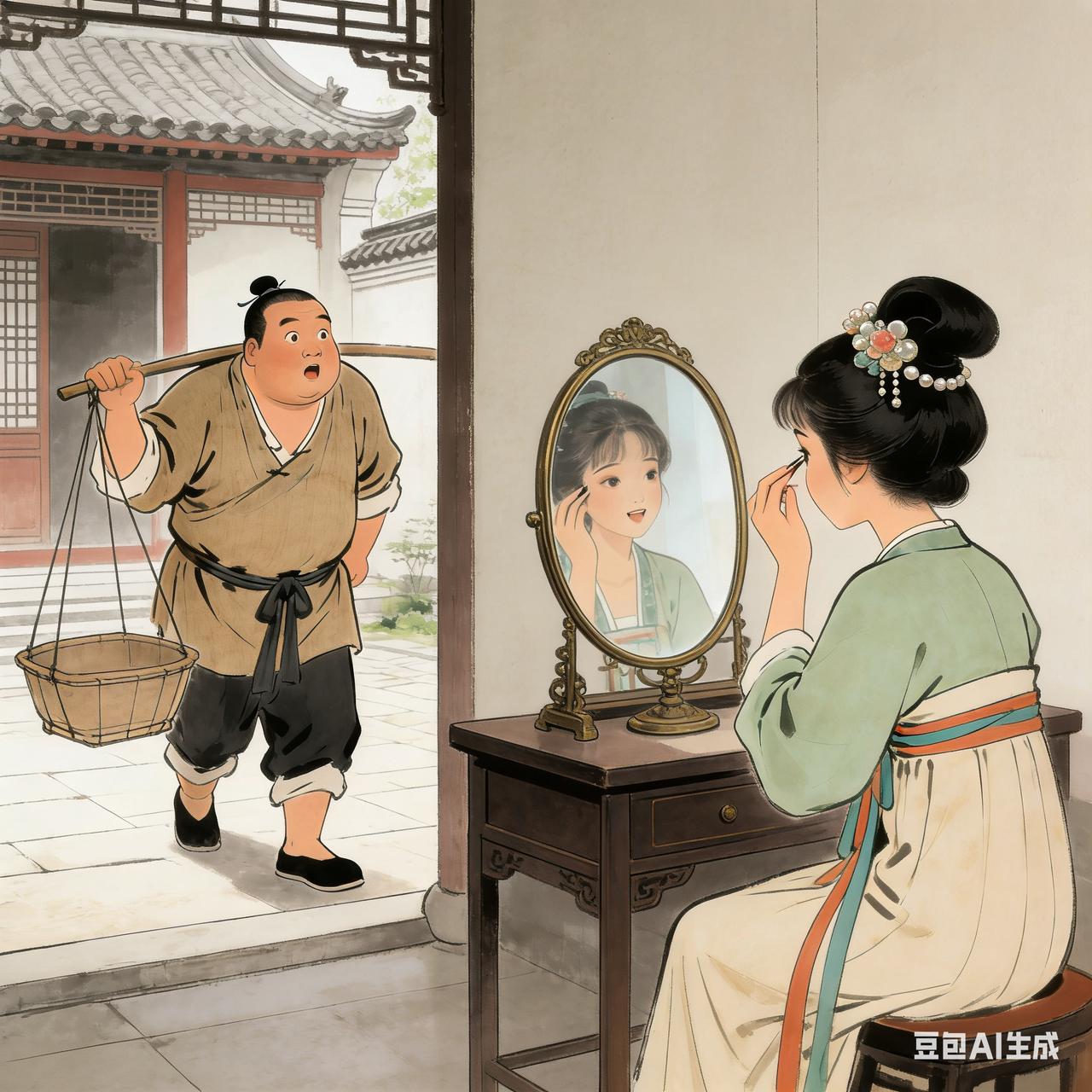 古代夫妻搞笑段子

有个卖豆腐的王二，一日挑着空担子回家，见妻子正对着铜镜描眉画