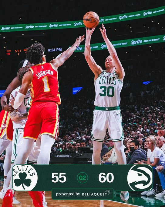 半场比赛结束，我们暂时以55-60落后于老鹰☘️普里查德19分2篮板3助攻☘️塔