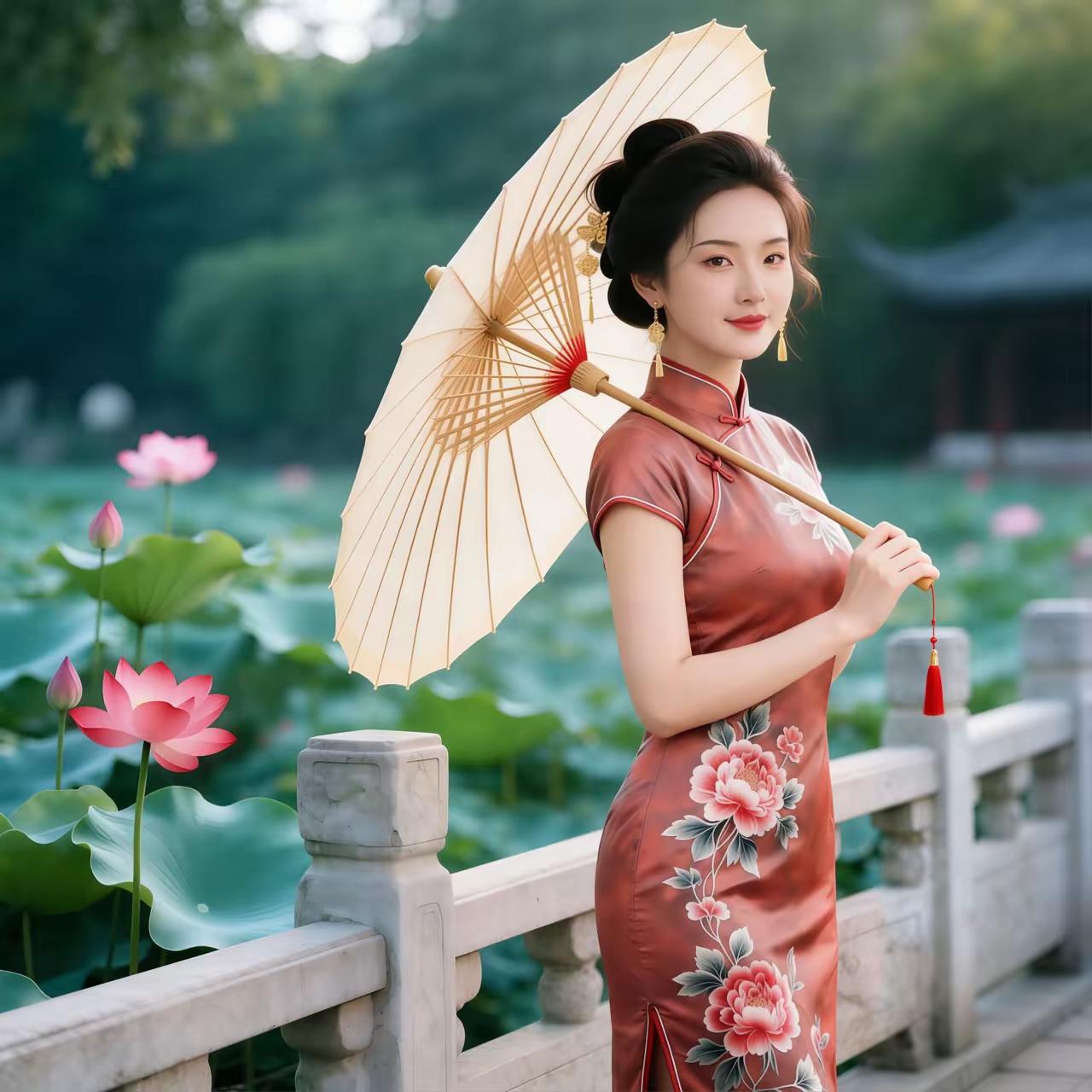 塞鸿秋·荷畔佳人
荷风送爽香盈路，
佳人独立桥头处。
红裳绣锦繁花怒，
素伞轻持