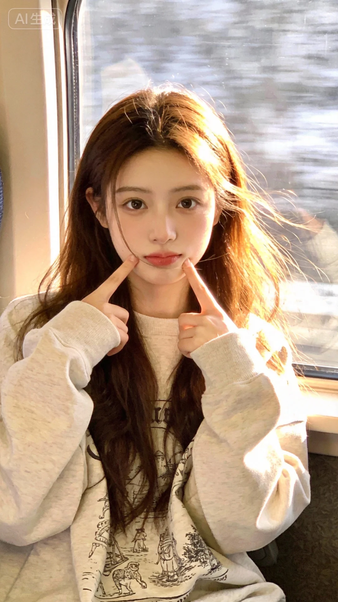 在列车车内场景，敞开车窗，外部风景运动模糊，随手一拍的快照，光影强烈，发光的发丝