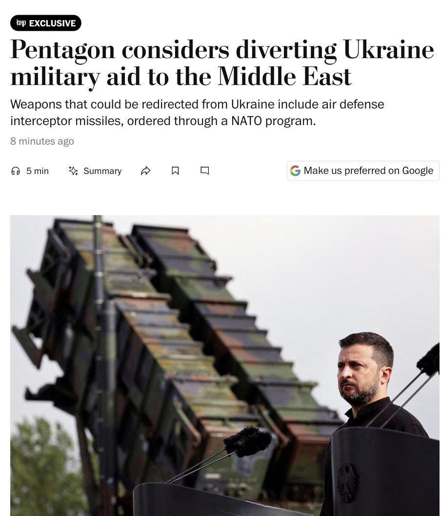 据美国《华盛顿邮报》报道，美国正考虑将关键防空导弹（如“爱国者”防空系统所用的防