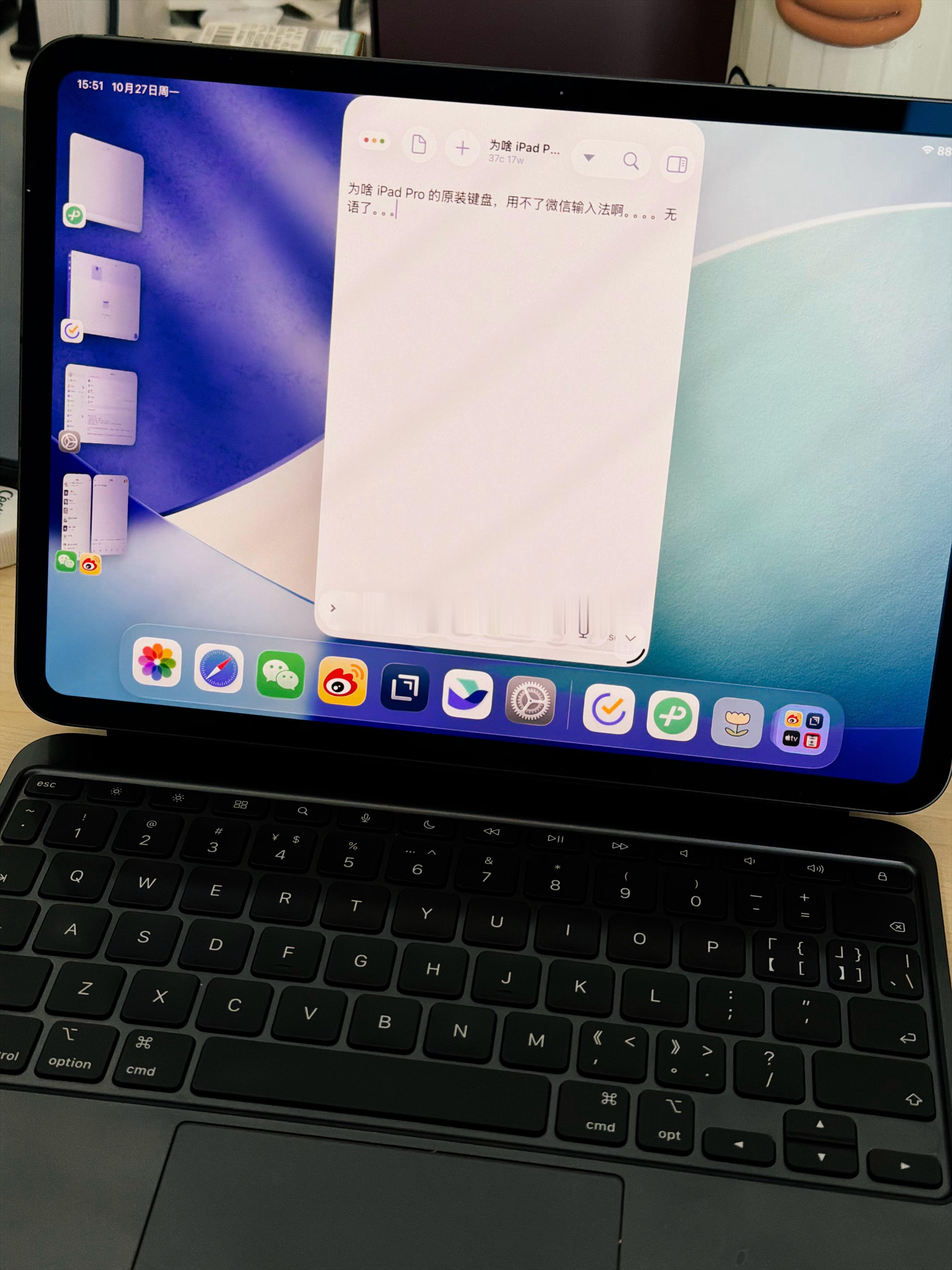 iPad Pro 有个很大的问题，就是外接实体键盘，就没办法用第三方输入法了…[