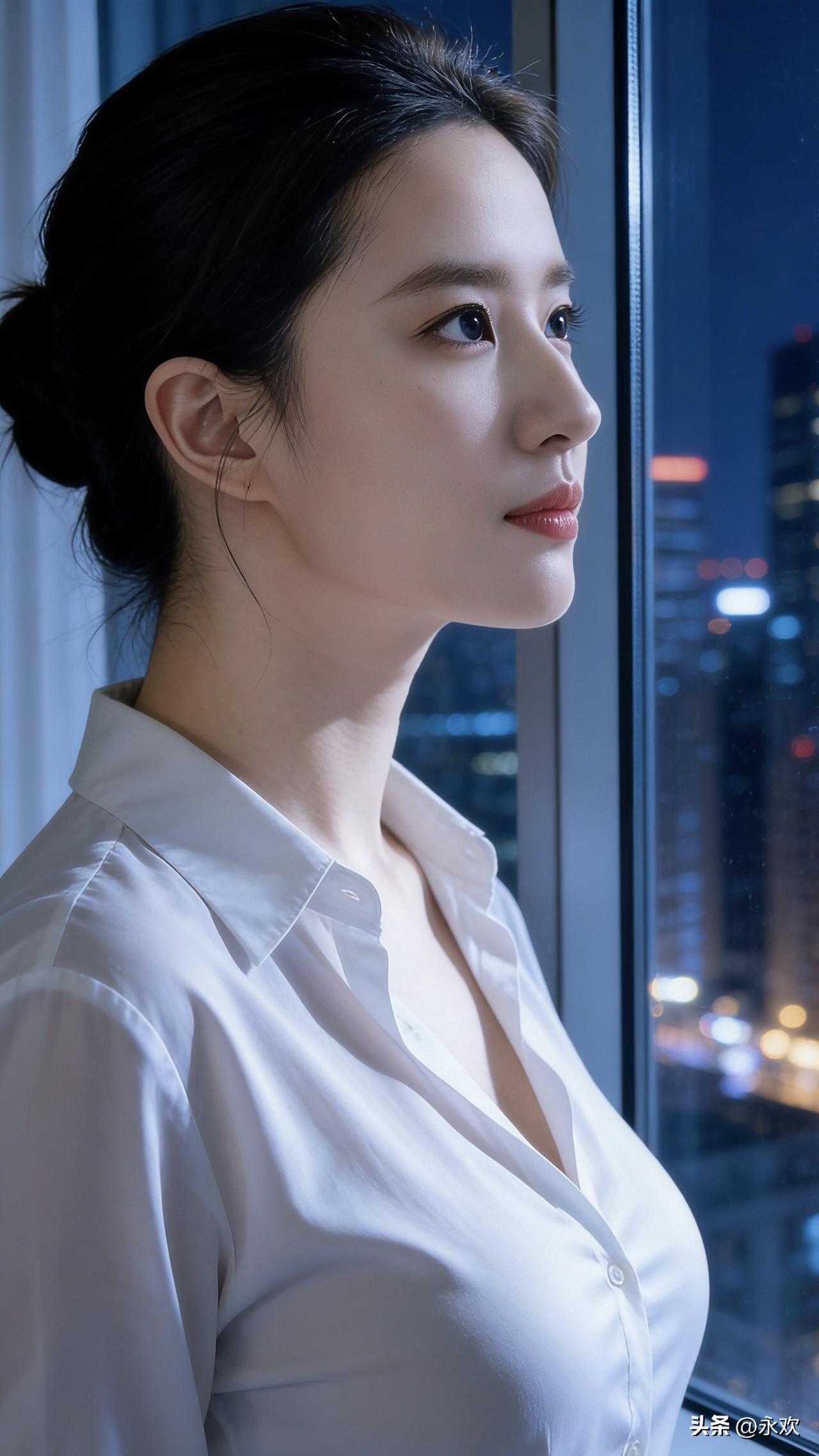 白衬衫在夜色里泛着柔和的光泽，她站在落地窗前，望着城市的霓虹渐次亮起。远处的高楼