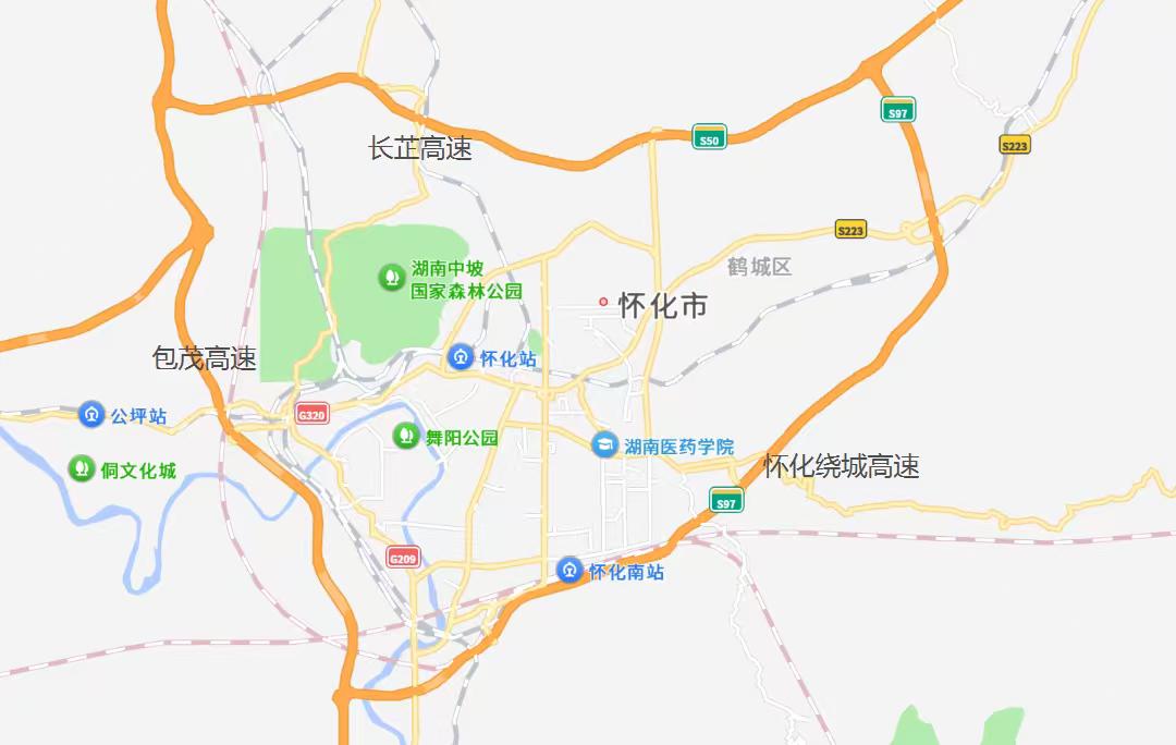 怀化 怀化环城高速由长芷高速、包茂高速、怀化绕城高速相互衔接合围，整体环线总长约