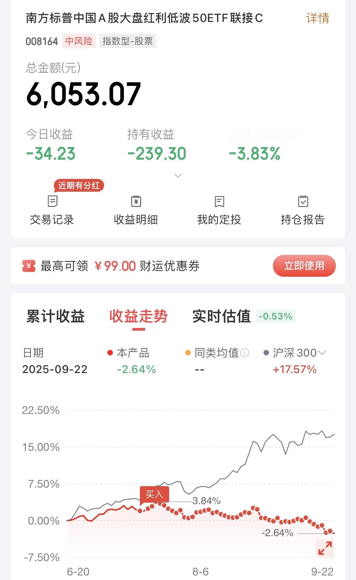 每天 50 元定投南方标普红利低波 50ETF，从 7 月中旬开始，坚持到现在也