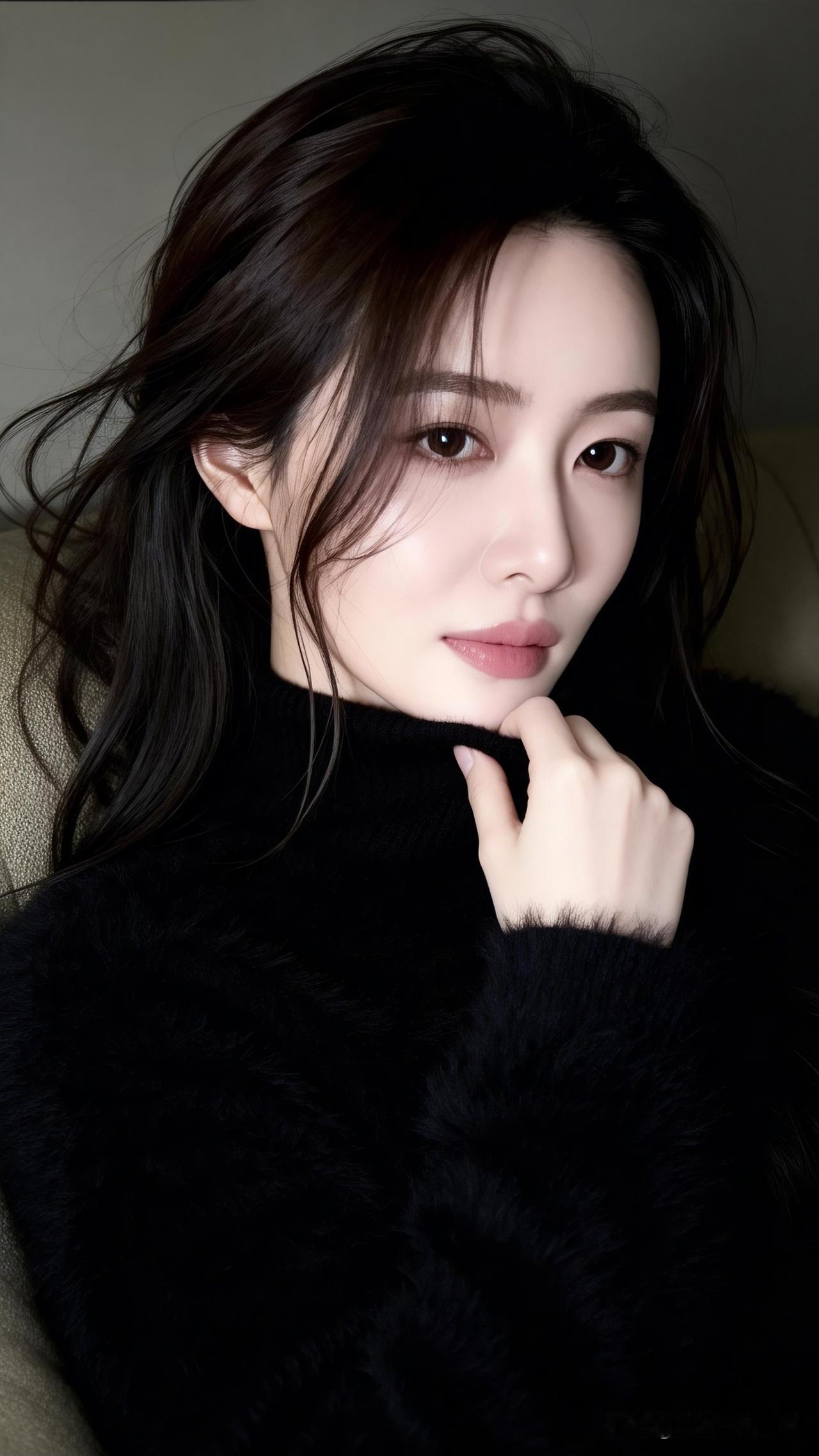 温柔的黑发少女，轻抚衣领，散发着冬日暖意。🌟✨