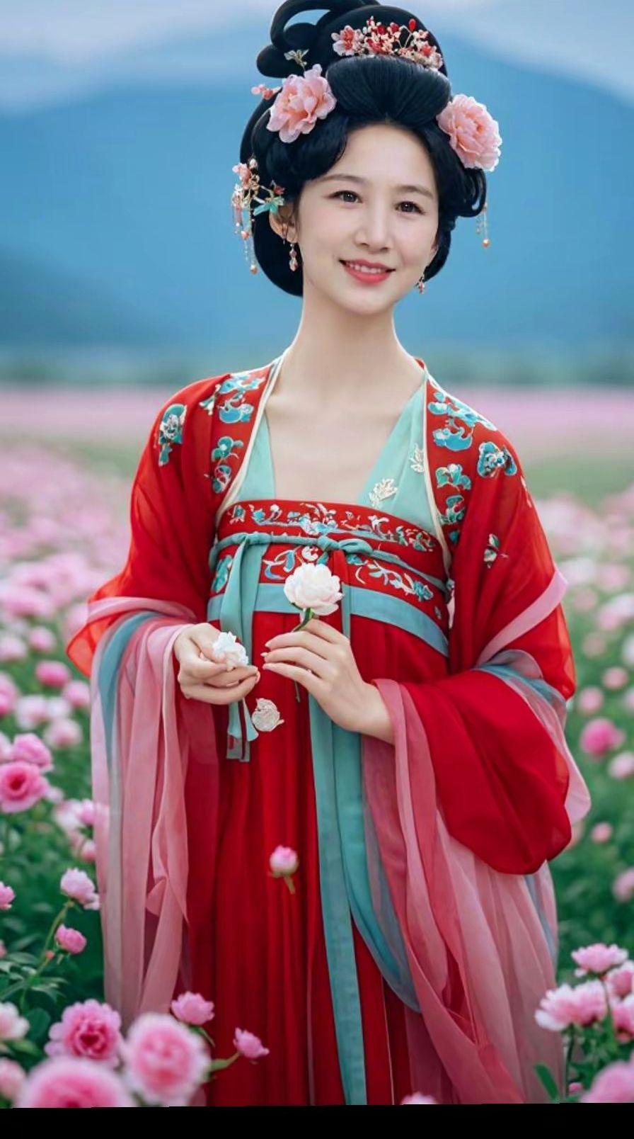 在花海中漫步，仿佛走进了古代的梦境。汉服的飘逸与花朵的绚烂交织，每一步都像是踏在