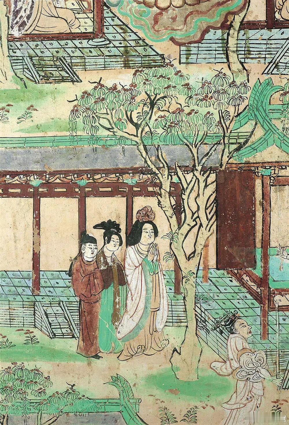 盛唐·莫高窟·庭院中的树 莫高窟第45窟，盛唐。在宫廷的庭院中，树干苍劲，上有藤