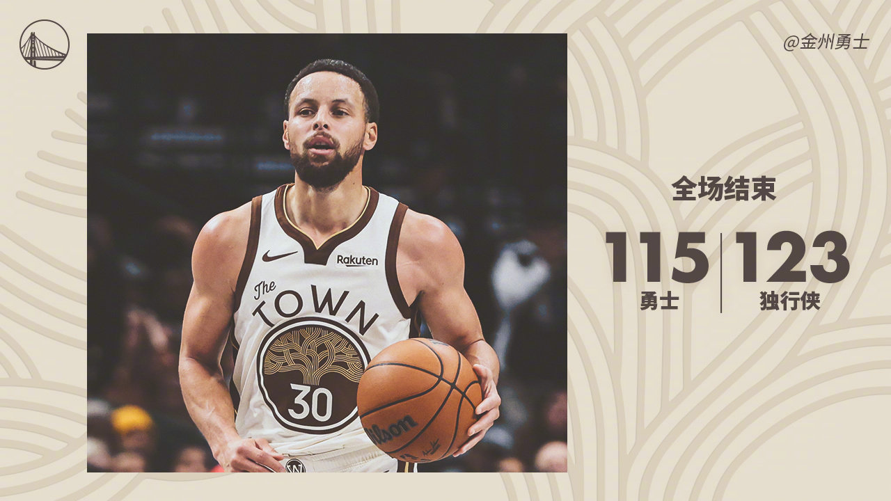 全场比赛结束，勇士115:123独行侠。勇士vs独行侠