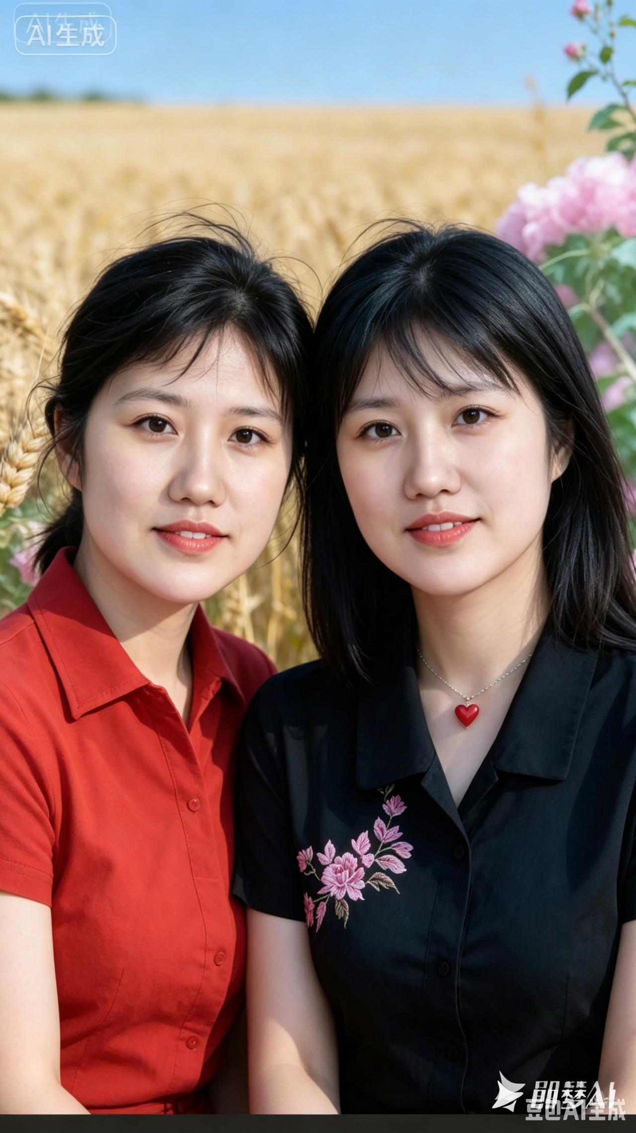 一对姐妹生得娇，模样相仿气质高。
红衣麦田显质朴，黑衫花下见灵俏。
二人各有其韵