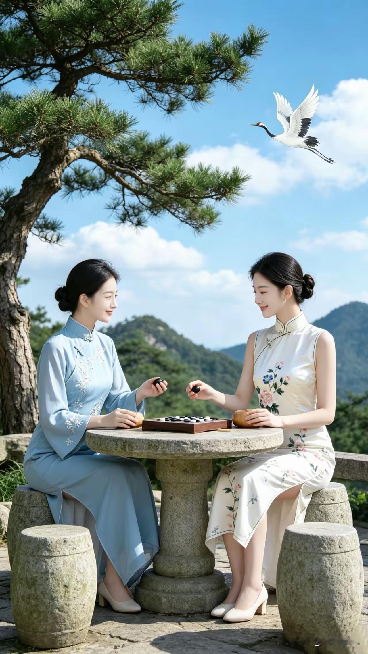 四块玉·南山对弈
对弈悠，松风秀，
晴日南山意悠悠。
晴空鹤影知音候，
笑语柔，