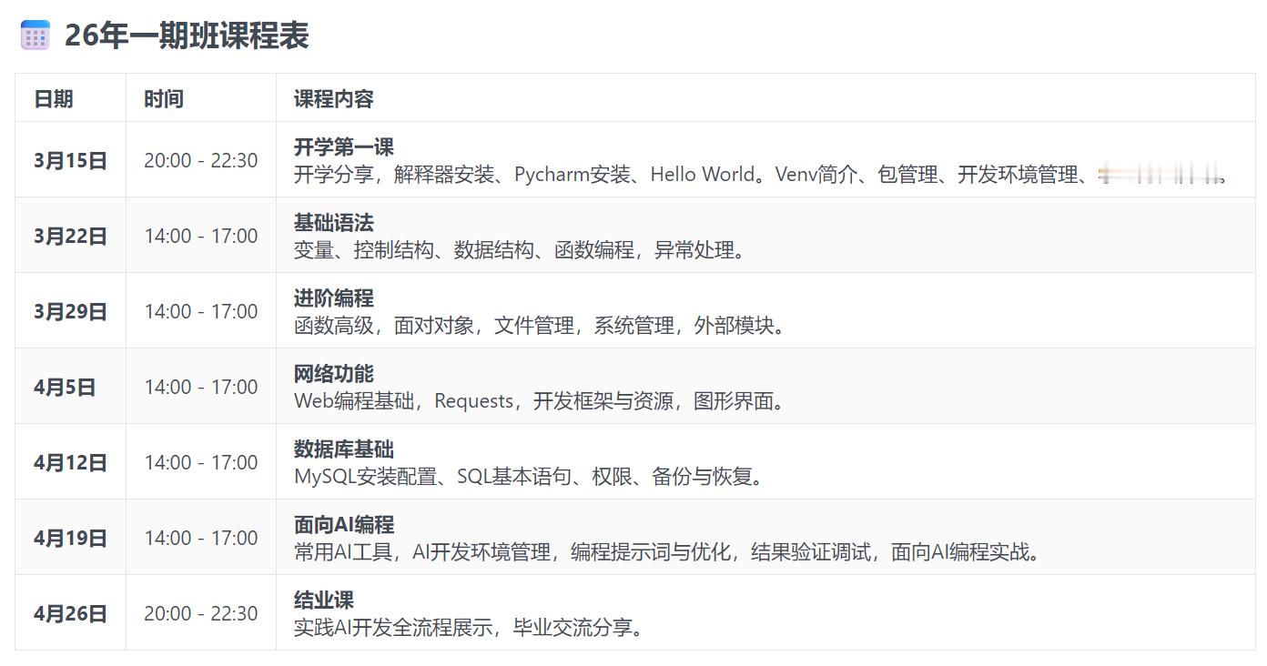 《面向AI编程零基础入门班》2026年3月15日一期开班，有意向的同学现在开始可