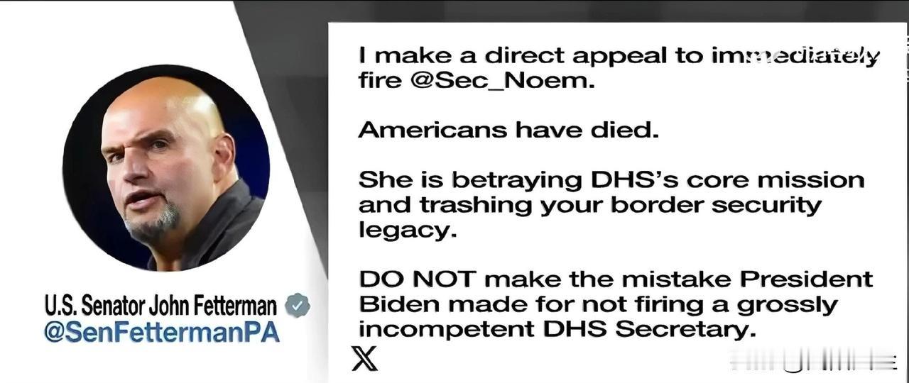 民主党参议员约翰 费特曼呼吁特朗普解雇国土安全部长克里斯蒂·诺姆。

费特曼表示