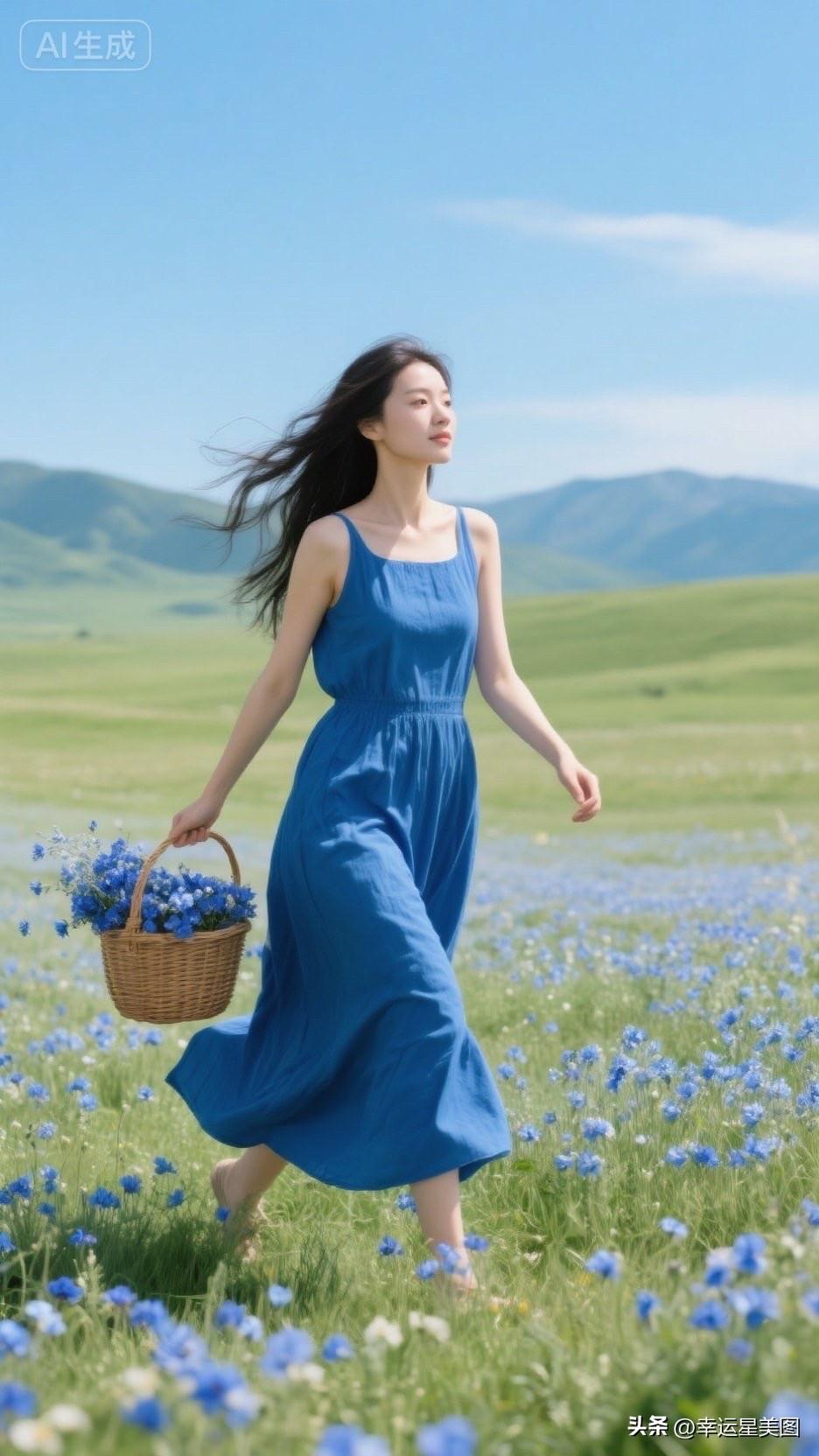 一个女孩在花田里漫步，手拿一篮子花。