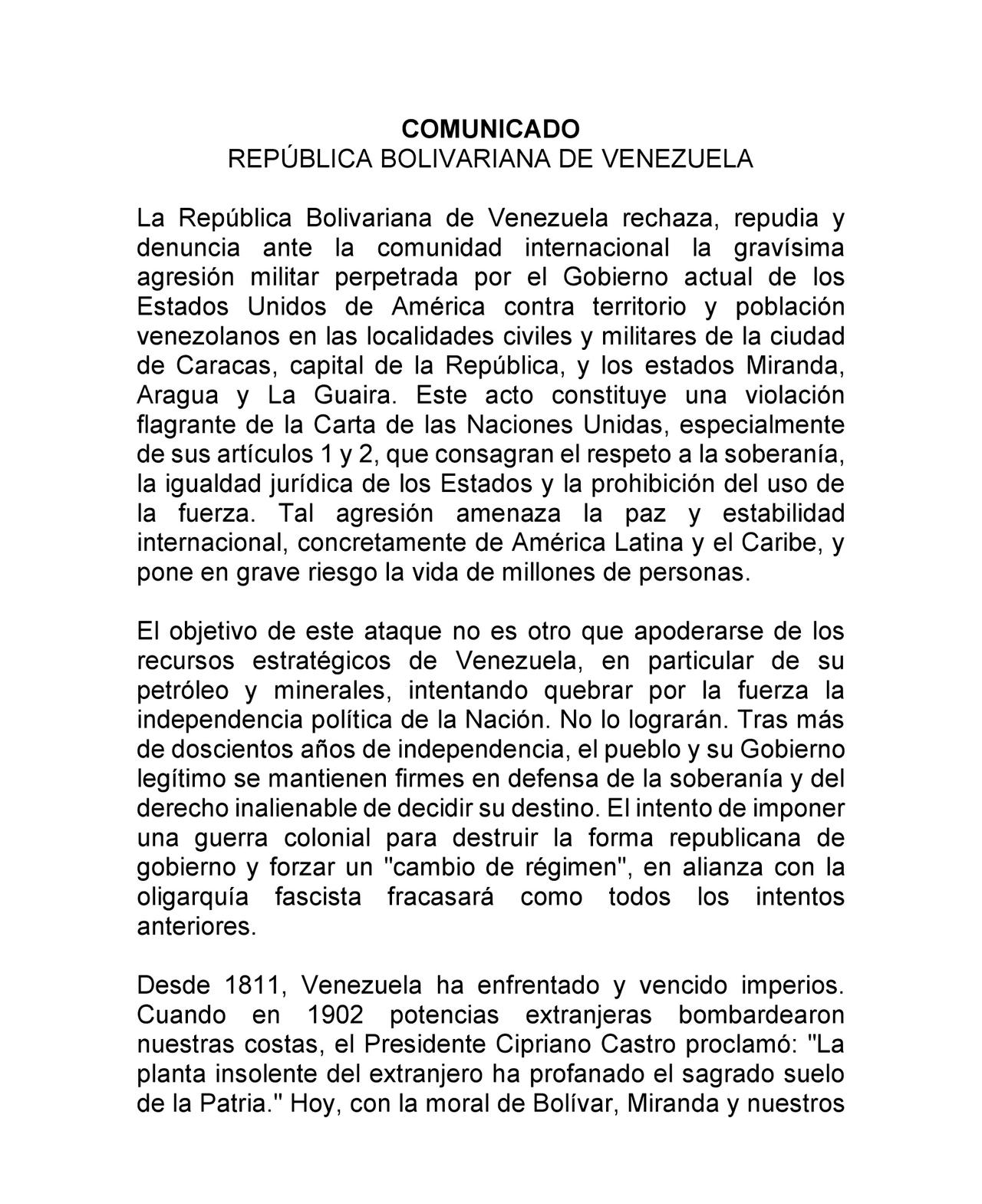 🚨委内瑞拉政府就遭美国军事侵略向国际社会发表官方声明： ​​​