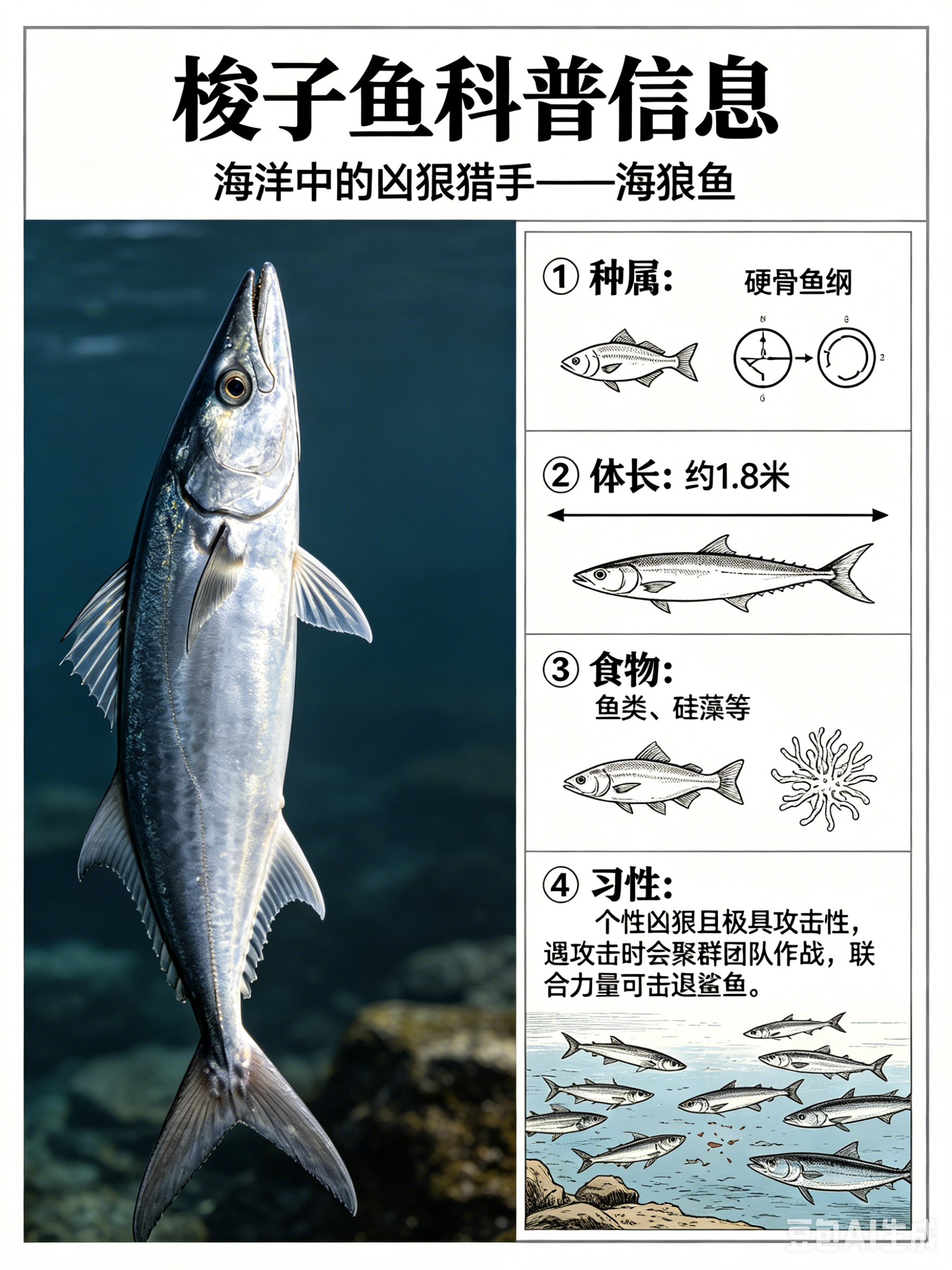 海洋朋友圈 梭子鱼海洋档案种　属：硬骨鱼纲体　长：约1.8米食　物：鱼类、硅藻等