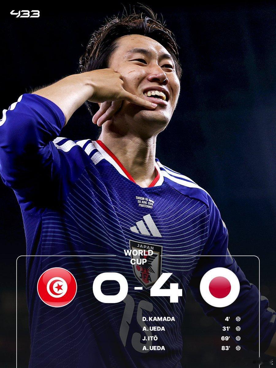 日本4-0大胜突尼斯！上田绮世2射1传，伊东纯也、镰田大地破门 