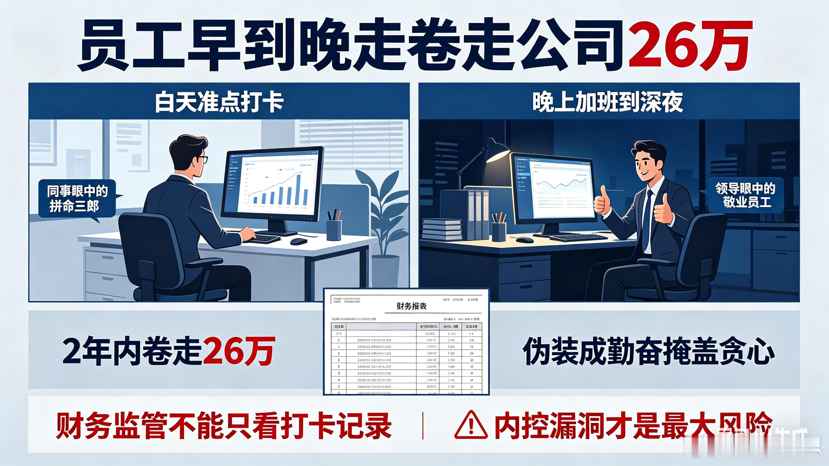 员工每天早到晚走卷走公司26万早到晚走，反而是贼？这位"勤奋"员工，白天准点打卡