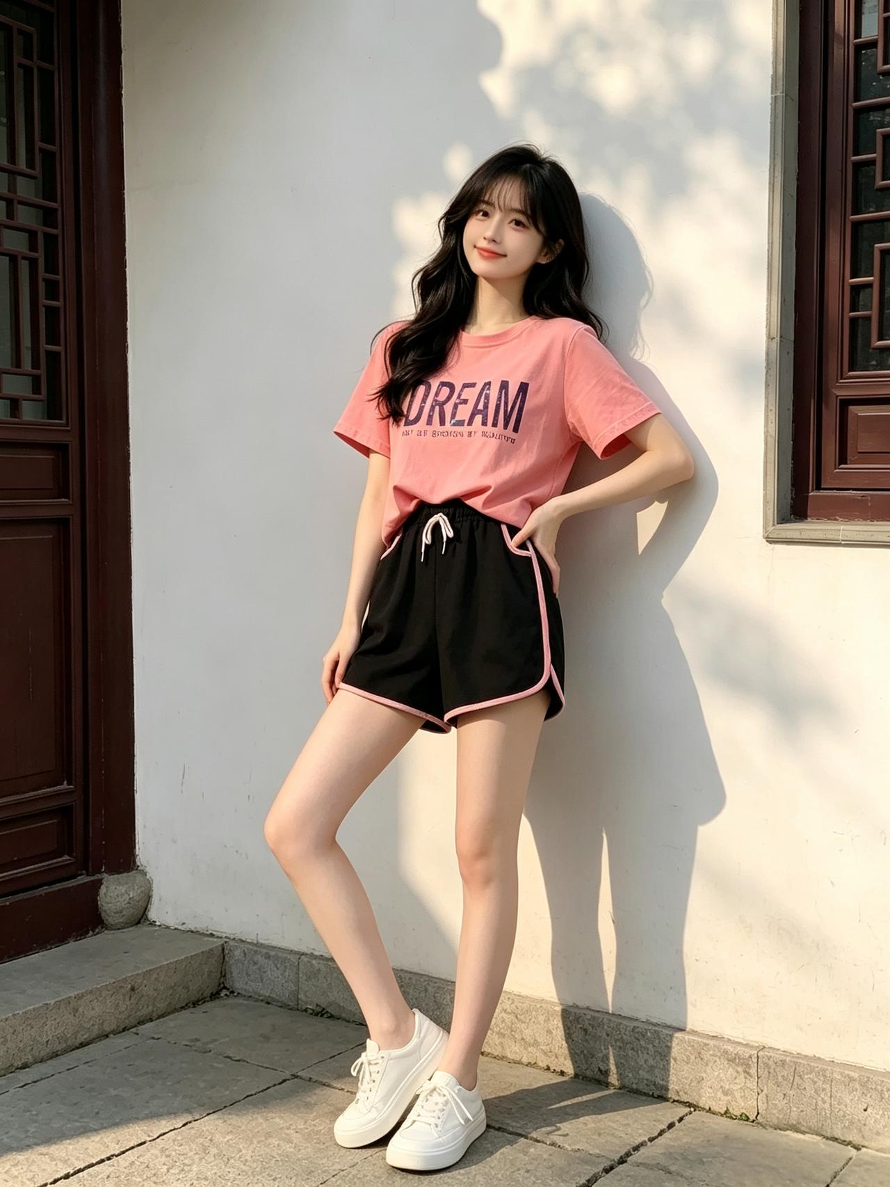 美女休闲穿搭分享阳光洒在粉衣少女身上，俏皮又治愈。简单的穿搭也能穿出满满的元气与