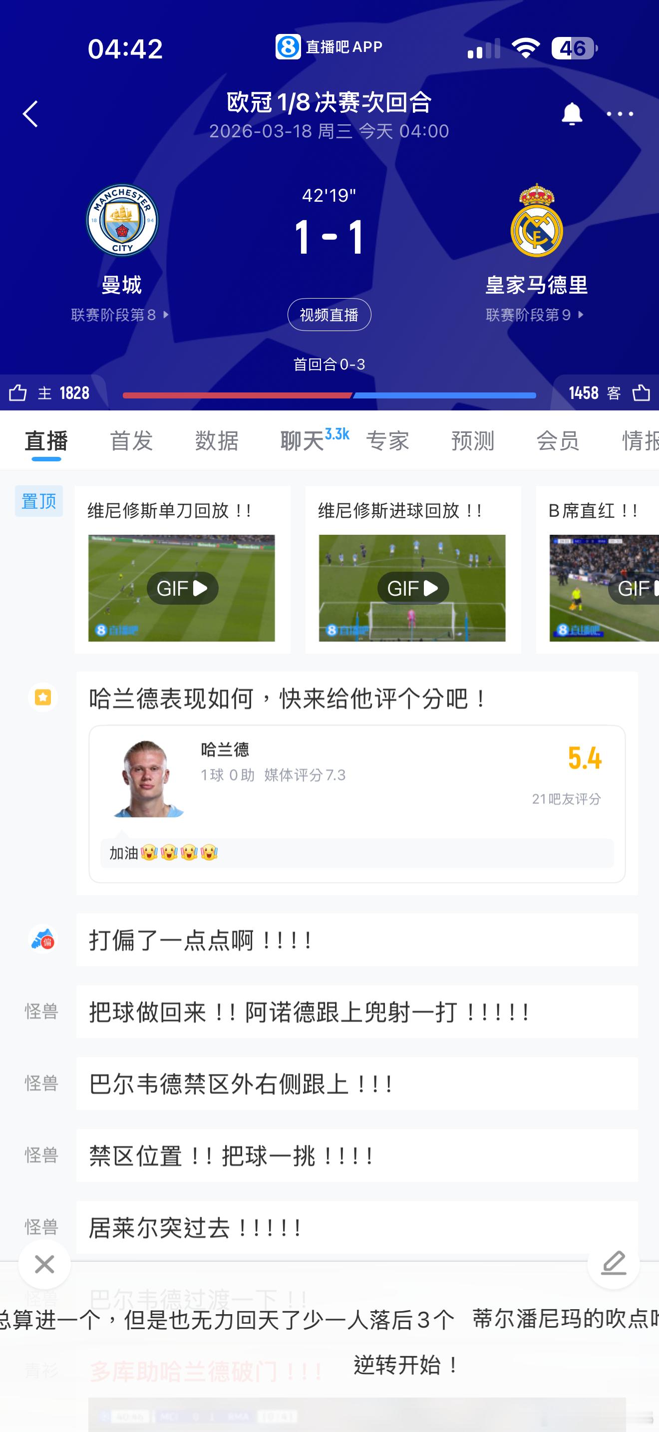 欧冠 曼城哈蘭德追回一球🔥🔥🔥42分鐘，🏴󠁧󠁢󠁥󠁮󠁧󠁿曼城1