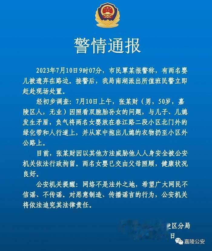 【#警方通报网传老人将双胞胎女婴扔在街头#：孩子留在绿化带人行道，扔的是衣物，已