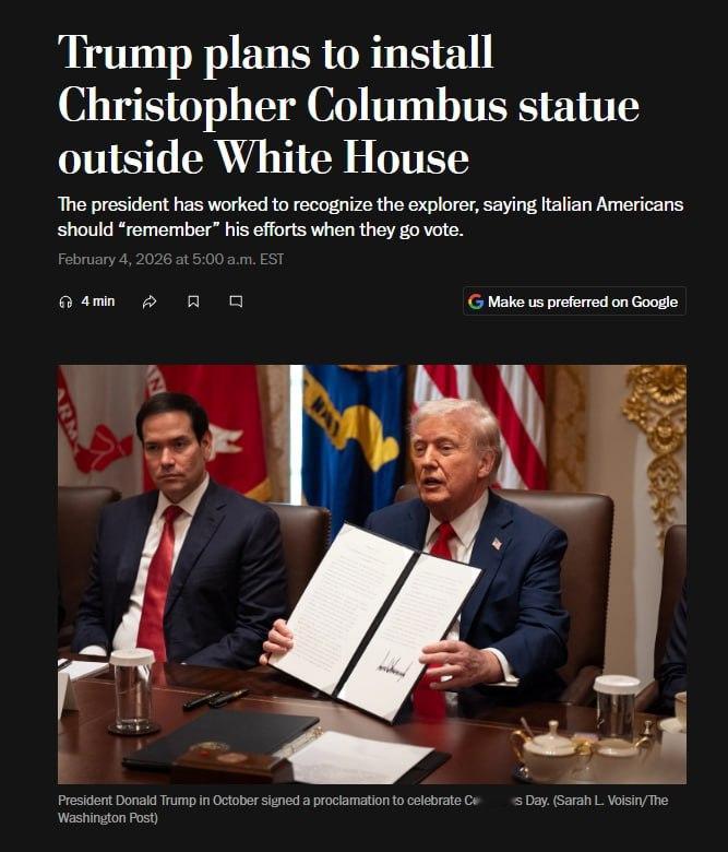 据《华盛顿邮报》报道，特朗普计划在白宫庭院内竖立一座克里斯托弗·哥伦布雕像，称他