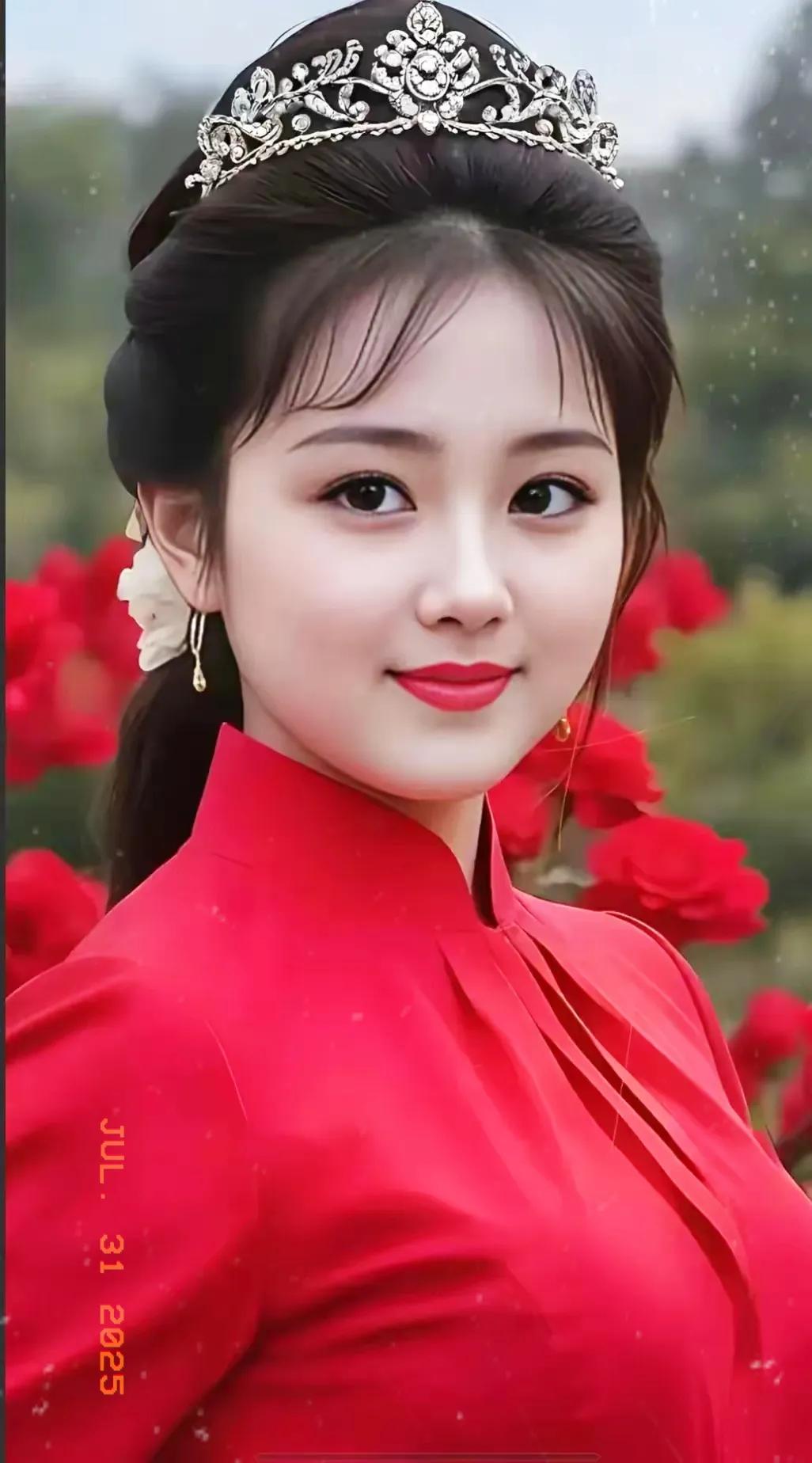 红衣美人，花海中的梦幻瞬间
