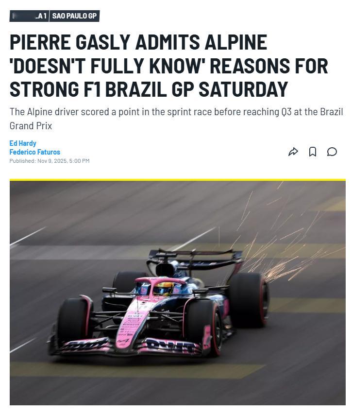 加斯利代表Alpine车队在巴西站排位赛中取得第九，但是加斯利坦言车队并不能完全