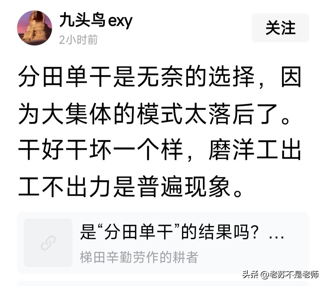 看这人写的，前后矛盾，前言不对后语，不知道什么是因果关系[捂脸]

他说分田单干