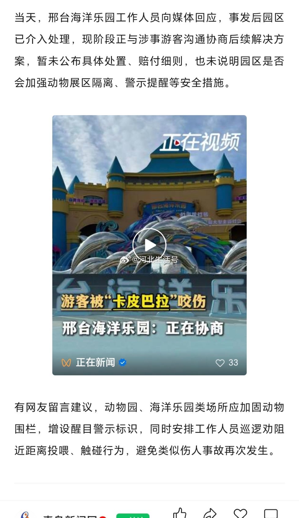 【河北邢台海洋乐园一“卡皮巴拉”将游客咬伤，乐园工作人员：已介入处理，正与涉事游