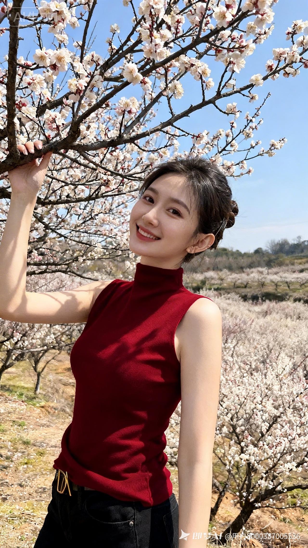 初春原野上梅花肆意盛开，她手扶梅枝，温柔笑对镜头。阳光明媚洒落，远景辽阔无垠，发