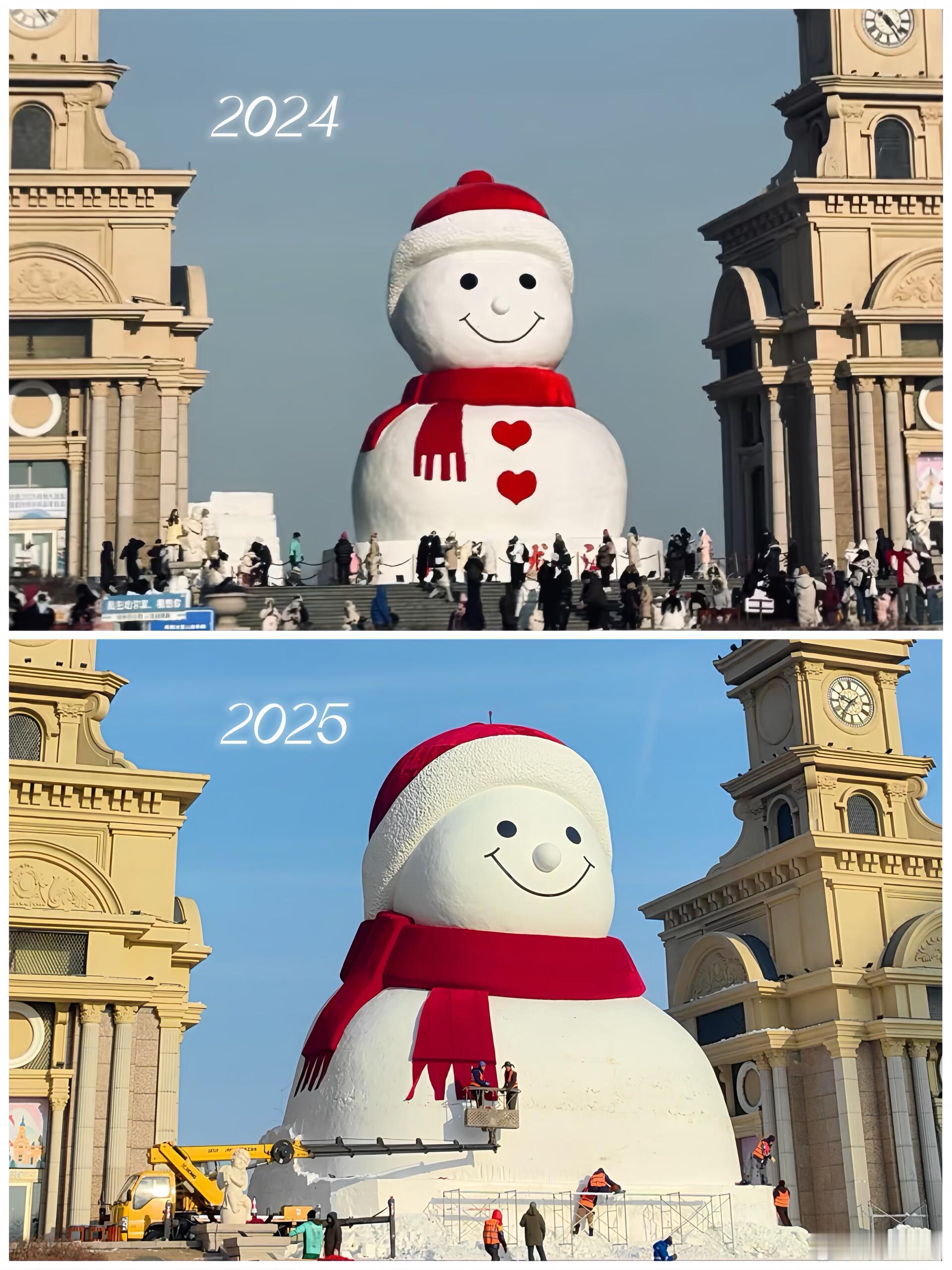 延时看哈尔滨大雪人建成过程有很多网友说今年的大雪人确实是最好看的一年！白白胖胖的