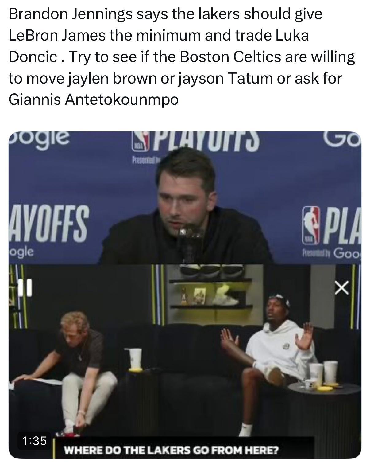 😂詹宁斯表示，湖人应该给詹姆斯一份底薪合同，然后交易东契奇。尝试问问凯尔特人，