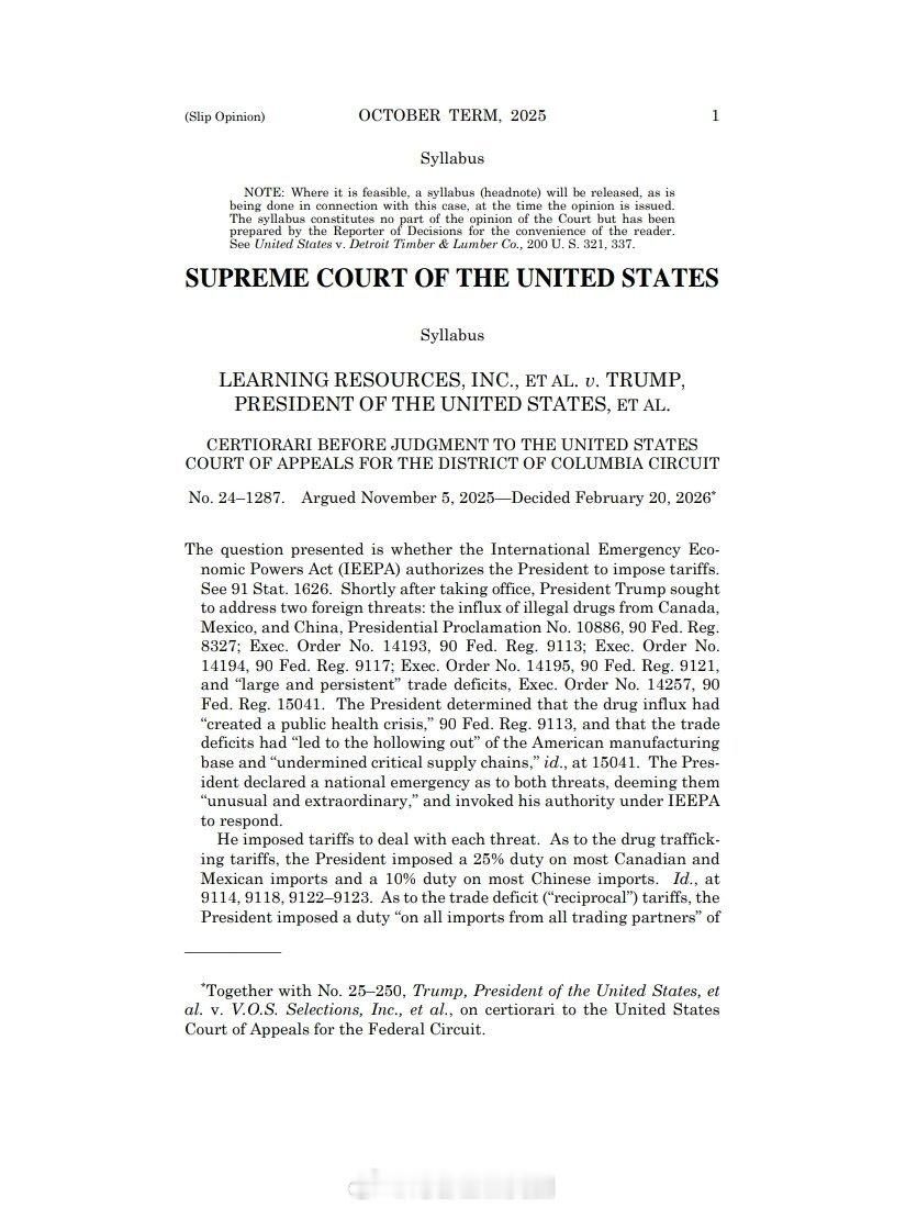 最高法院以6-3 的投票结果，裁定推翻川普的关税措施，认为总统不能依据 IEEP