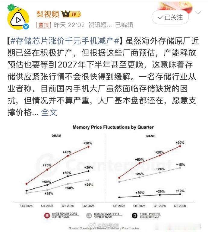 存储芯片涨价千元手机减产 未来大家可以买去年的老手机老旗舰，估计618之前都有货