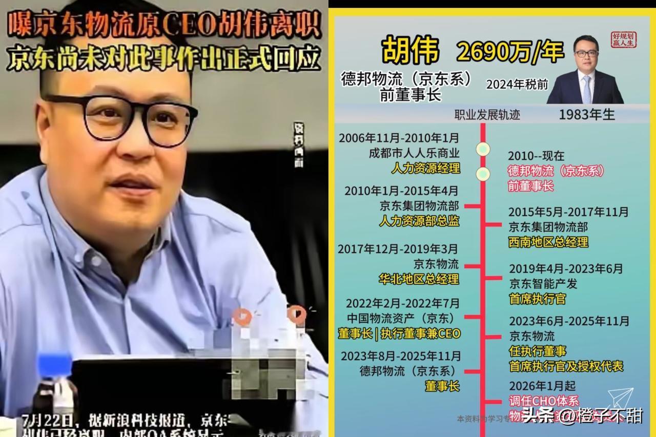 胡伟在京东干了14年，
年薪干到2690万。
整合德邦、财报增长，履历漂亮得很。