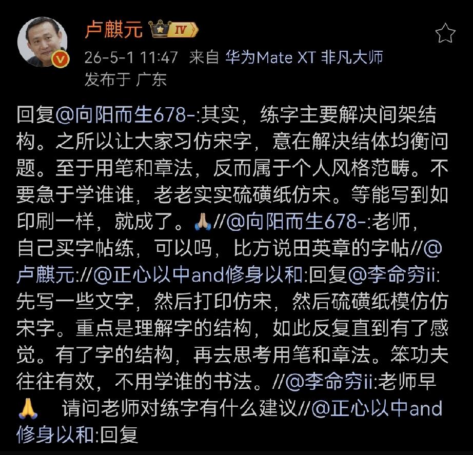卢师曰：其实，练字主要解决间架结构。之所以让大家习仿宋字，意在解决结体均衡问题。