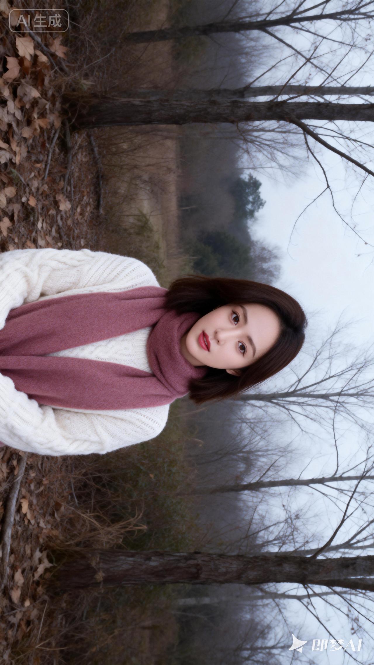 冬日森林里的温暖瞬间，毛衣与围巾的完美搭配🍂🌲🔥